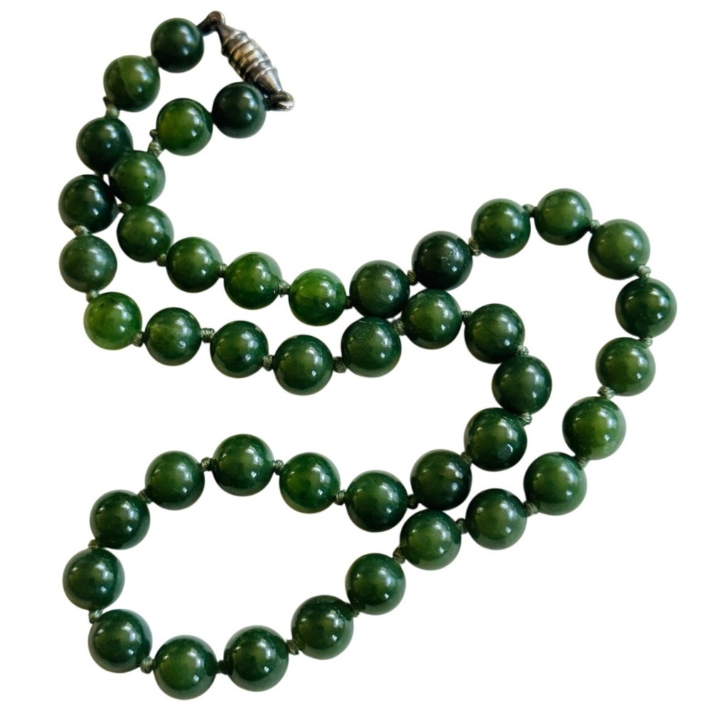 VTG Necklace Nephrite Deep Green Jade Knotted Beads Natural Round Smooth 16" 6mm